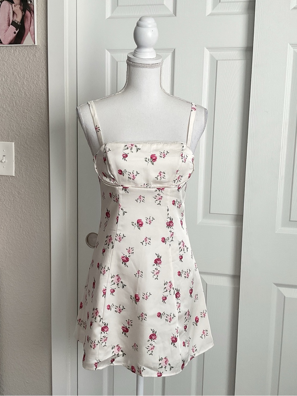 Ivory Floral Satin Slip Dress with Pink Rose Print